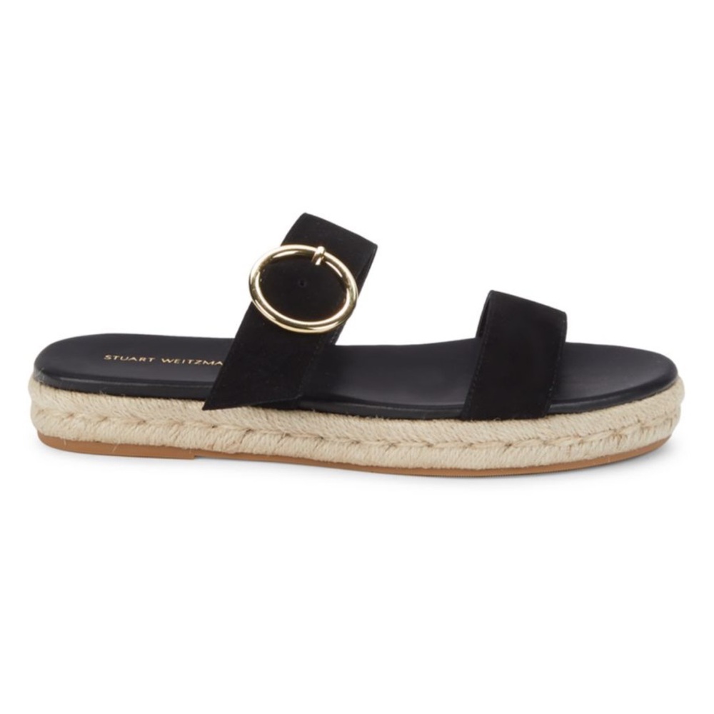 Stuart Weitzman $295 Suede Espedrille Sandals Size 6.5 Black Gold Buckle